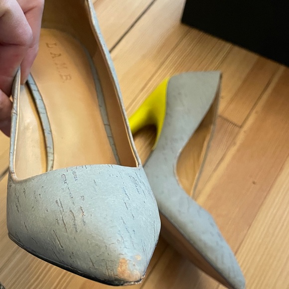 Grey cork and bright yellow color block high heels - Picture 4 of 6